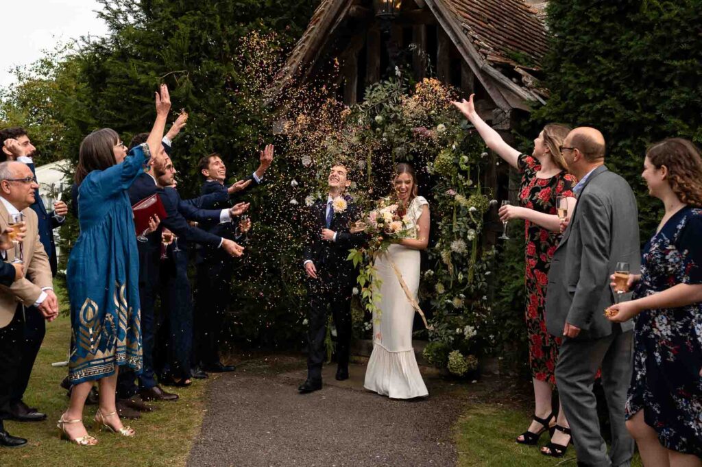 The oakframed Porch the perfect spot for a confetti shot