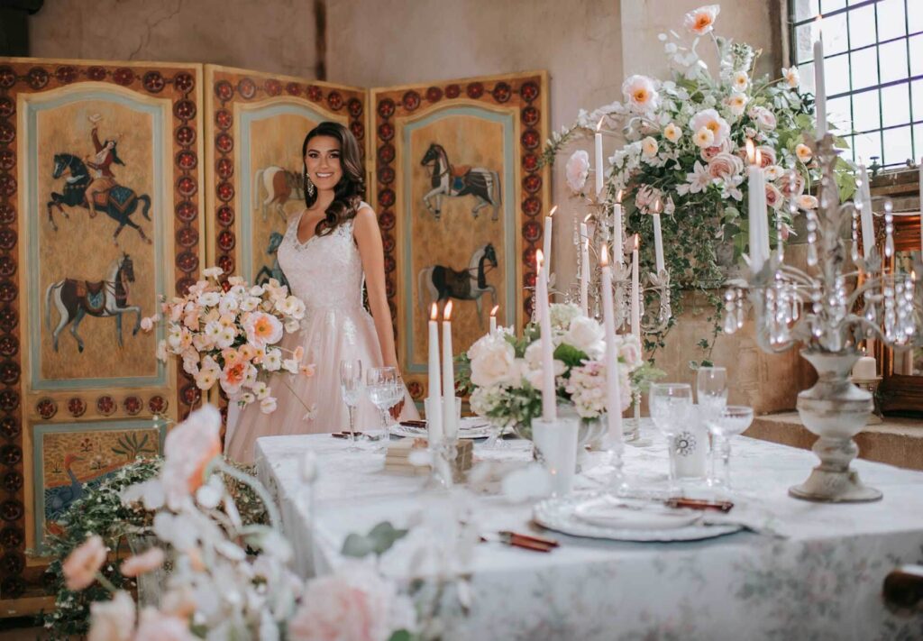 A bride in the Great Hall of Bilsington Priory near Ashford Kent