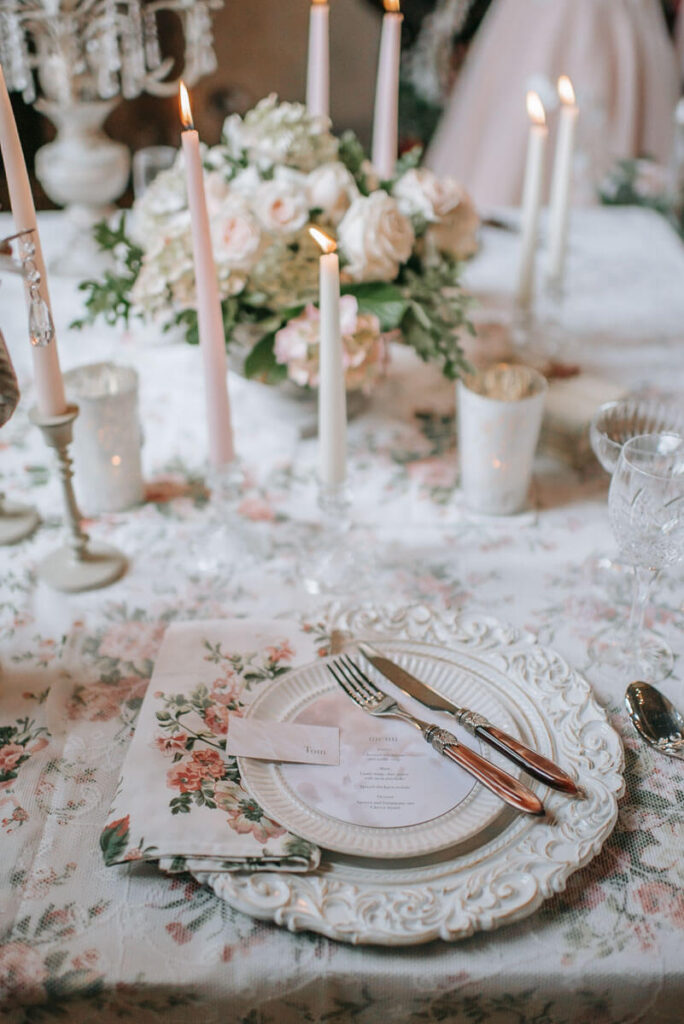 Stationery and a tablescape set up in Bilsington Priory, perfect for an intimate wedding for two