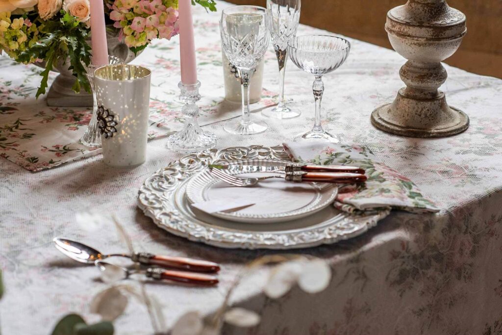 Stationery and a tablescape set up in Bilsington Priory, perfect for an intimate wedding for two