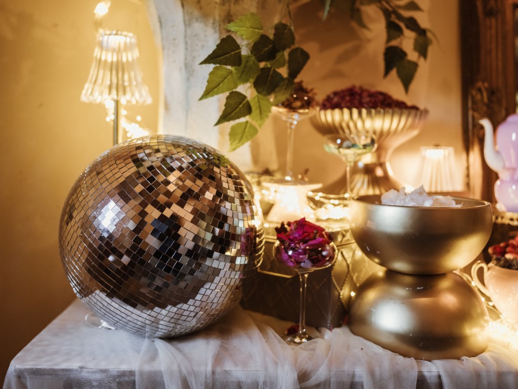 A confetti bar and disco ball in the lobby of Bilsington Priory near Ashford